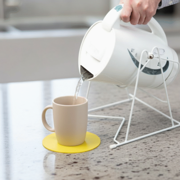 Kettle tipper pouring into a mug resting on a yellow Anchorpad