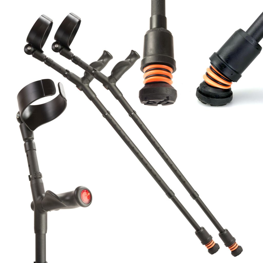 Flexyfoot Comfort Grip adjustable crutches in black, with close-ups of the shock-absorbing ferrule