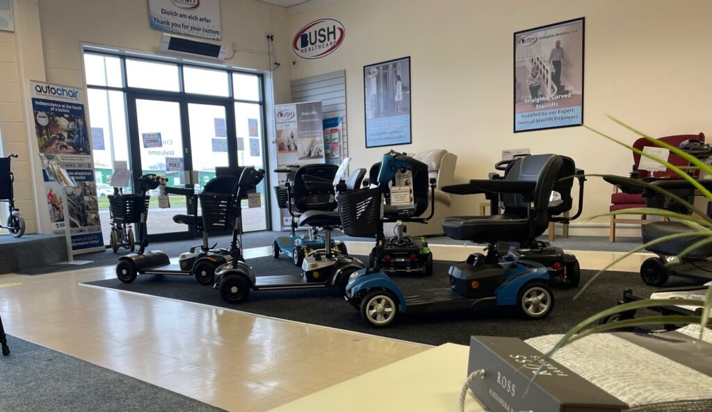 Scooter showroom with various models at Bush Healthcare Cross Hands store.