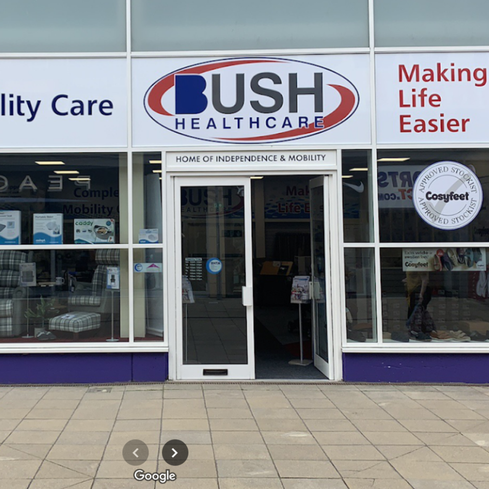 The inviting storefront of the Bush Healthcare Yate store, with "Making Life Easier" prominently displayed alongside the brand logo.