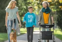 A multi-generational family, including an elderly woman using a Drive rollator, a boy, and a woman walking a dog outdoors on a path.