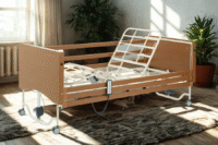 ICON Active Medical Bed with wooden headboard and adjustable profiling base in a bright room.