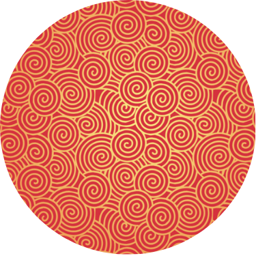 Circular red pattern with intricate, swirling gold motifs, representing the Rehasense ART Line Cloud design for a rollator.