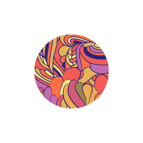 Circular abstract pattern with swirling, vibrant floral motifs in orange, red, purple, and green, representing the Rehasense ART Line Flower Power design for a rollator.