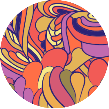 Circular abstract pattern with swirling, vibrant floral motifs in orange, red, purple, and green, representing the Rehasense ART Line Flower Power design for a rollator.