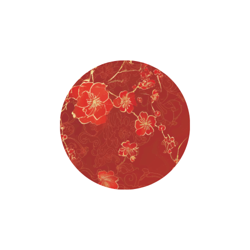 Circular red pattern with delicate floral designs, representing the Rehasense ART Line Peony design for a rollator.