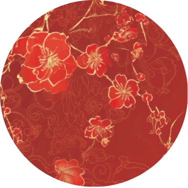Circular red pattern with delicate floral designs, representing the Rehasense ART Line Peony design for a rollator.