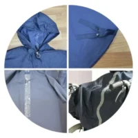 A four-panel composite image showcasing various wheelchair accessories: a blue waterproof poncho with a hood, a close-up of blue fabric with a button, a grey garment with reflective strips, and a black waterproof cover over wheelchair components.