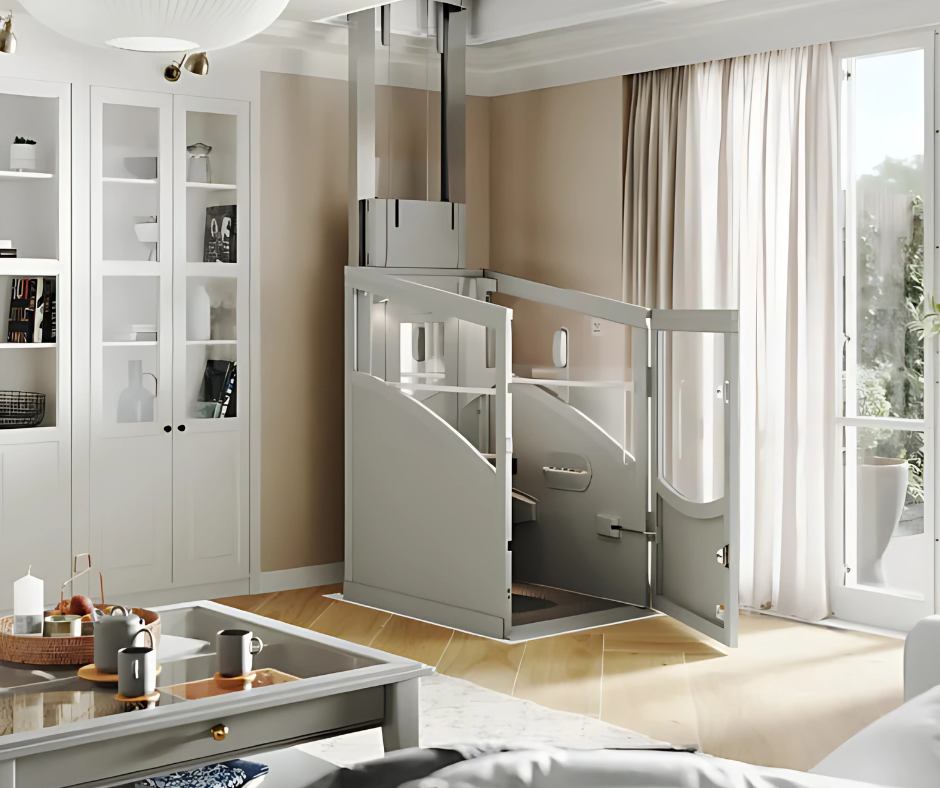 Modern through-floor lift in stylish living room by Bush Healthcare.