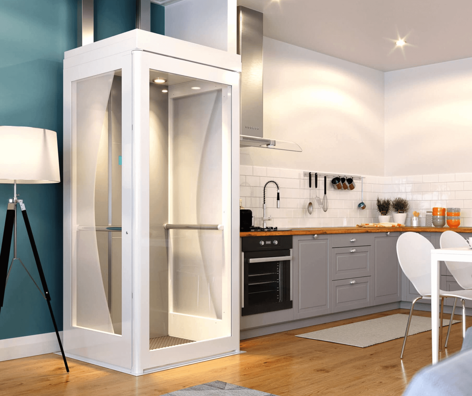 Modern through-floor lift in kitchen setting by Bush Healthcare.