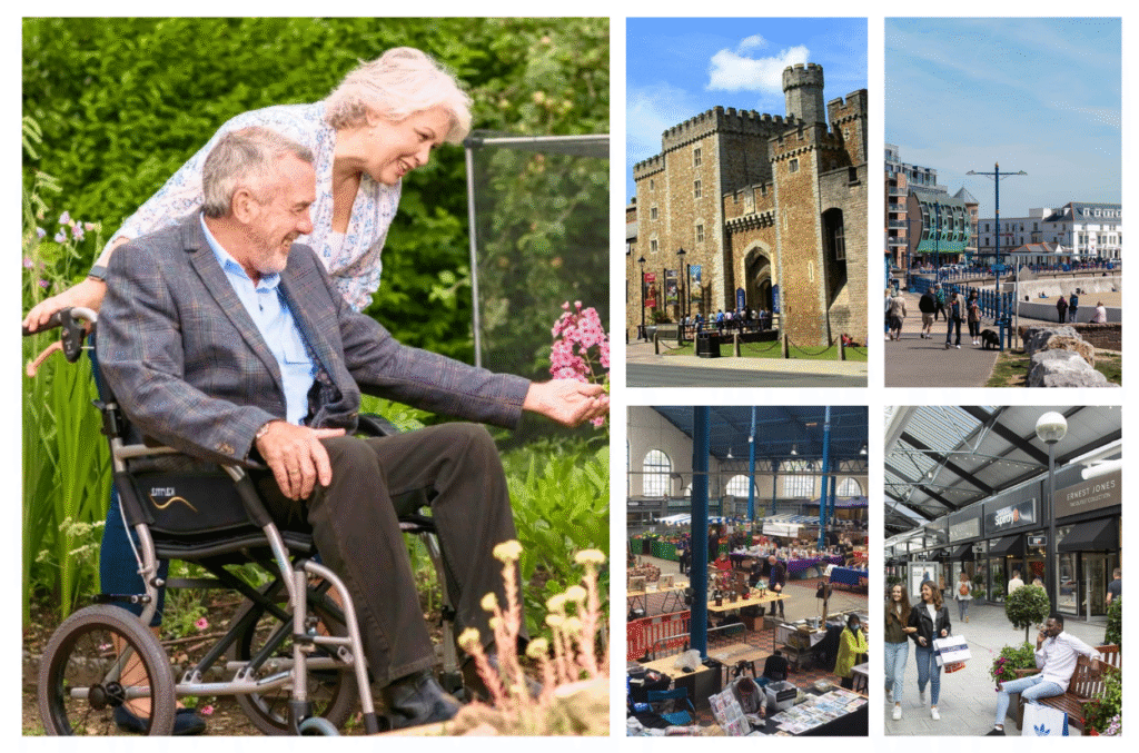 Elderly couple with a wheelchair present observing flowers with shots of Welsh tourist destinations.