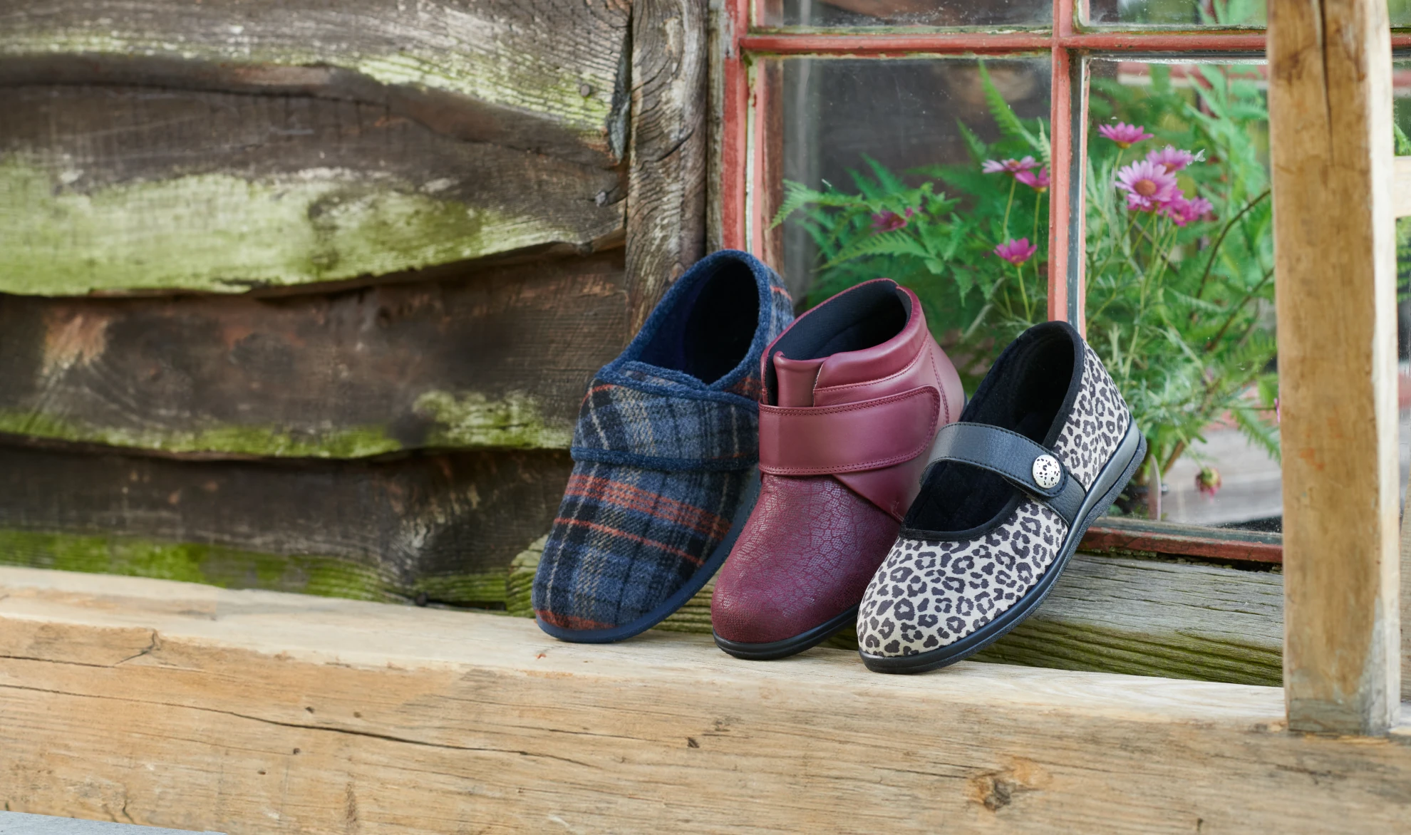 Cosyfeet shoes and slippers on a wooden garden bench