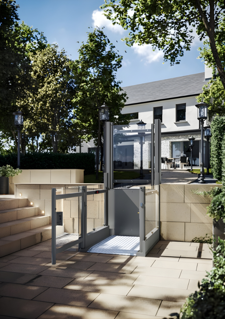 Platform lift giving step-free access to a house entrance