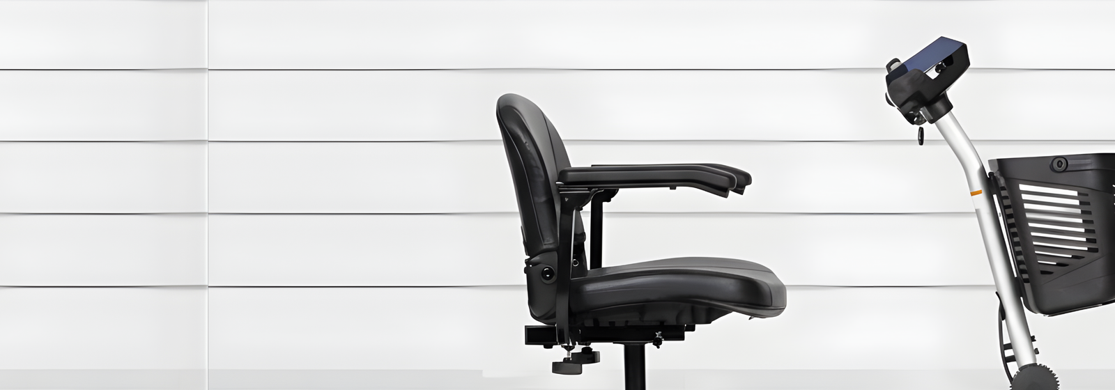 Office chair and mobility equipment in a bright modern room