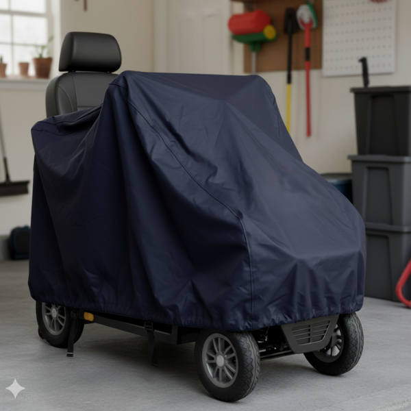A mobility scooter fully covered by a navy blue waterproof protective cover, parked indoors in a garage or storage area.