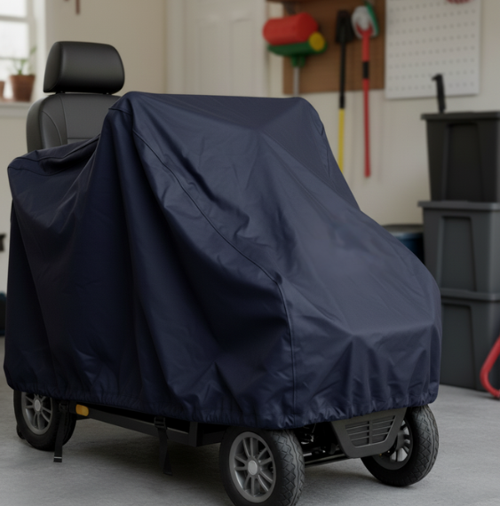 A mobility scooter fully covered by a navy blue waterproof protective cover, parked indoors in a garage or storage area.
