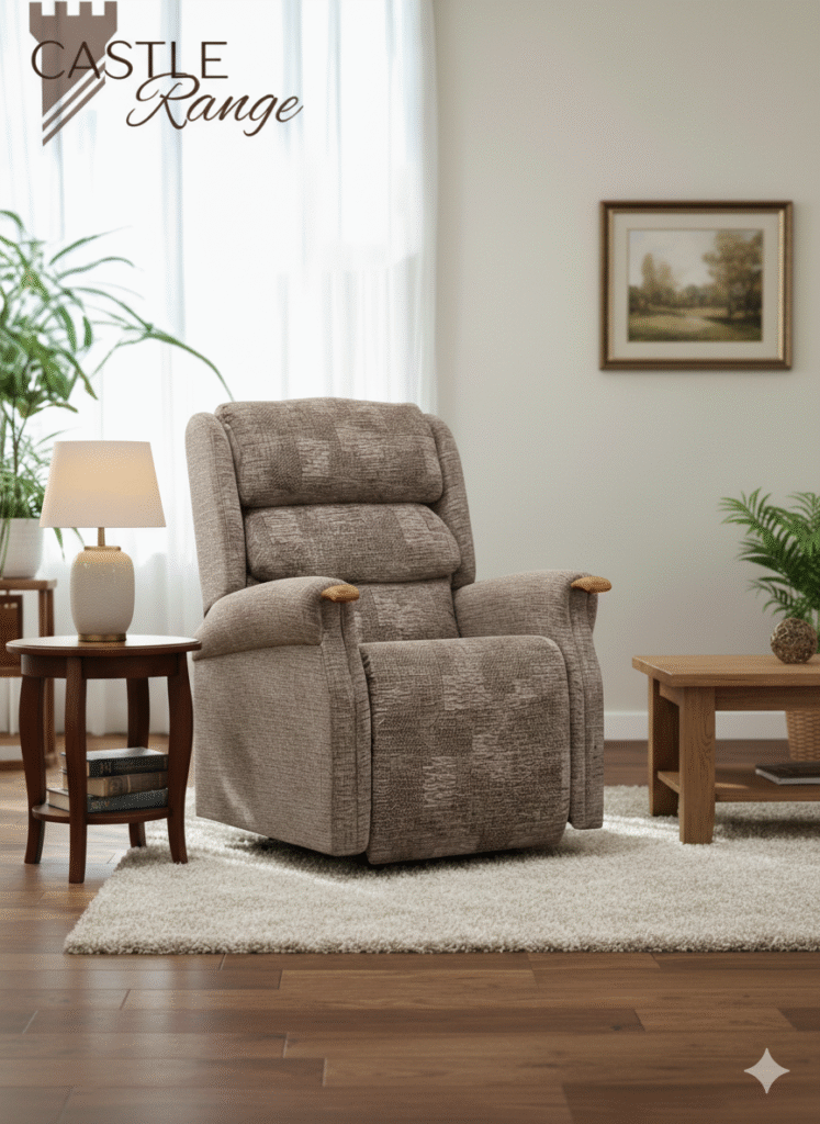 The Pembridge Riser Recliner from the Castle Range, upholstered in brown textured fabric with wooden armrest accents, situated in a bright, stylish living room.