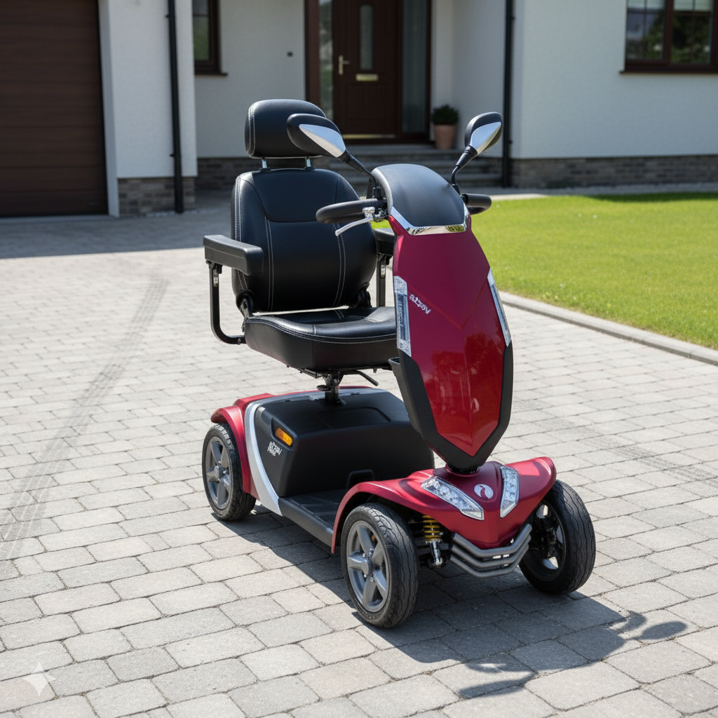 A robust, red four-wheeled road-legal mobility scooter (Vision style) with a black high-back seat and mirrors, parked on a paved residential driveway.