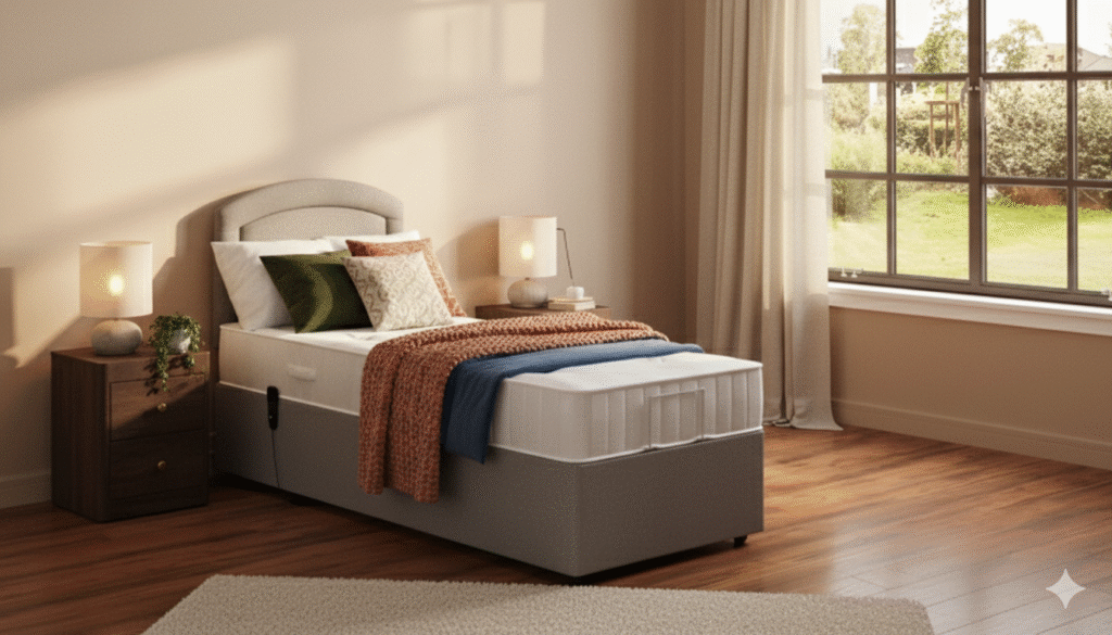 Modern single adjustable care bed with a padded grey fabric base and headboard, styled in a bright residential bedroom setting.