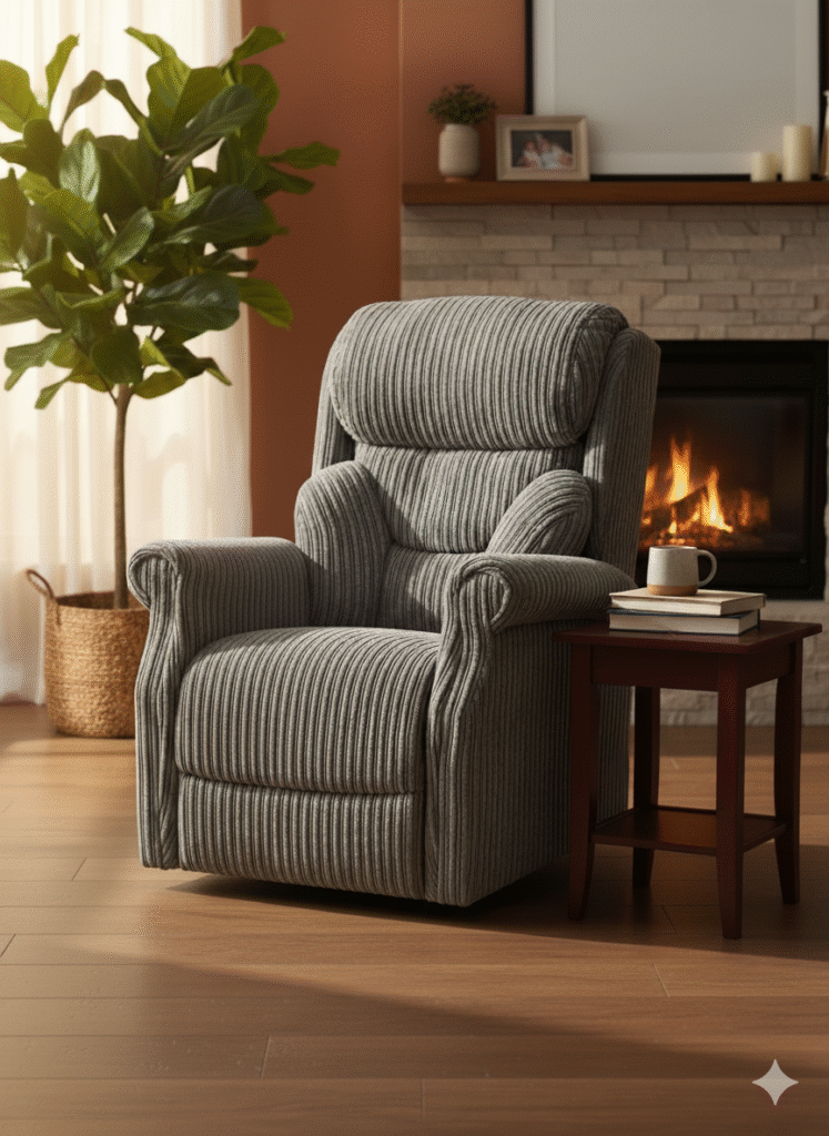 The Skenfrith Riser Recliner from the Castle Range, upholstered in cozy gray corduroy fabric, situated in a warm living room setting next to a fireplace.
