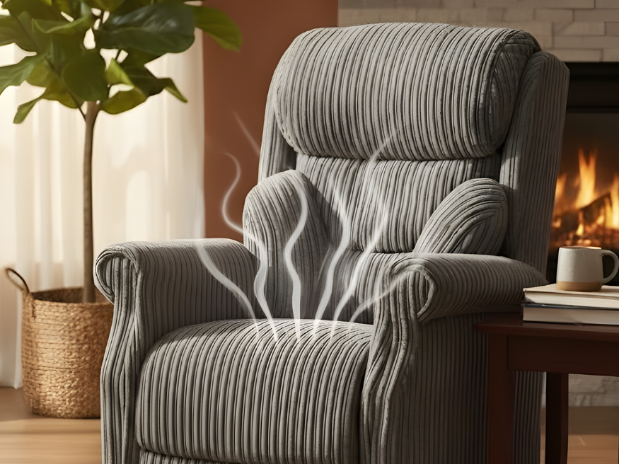 Gray corduroy riser recliner chair with wavy white lines representing heat radiating from the seat and back, depicting the heated seat add-on feature.