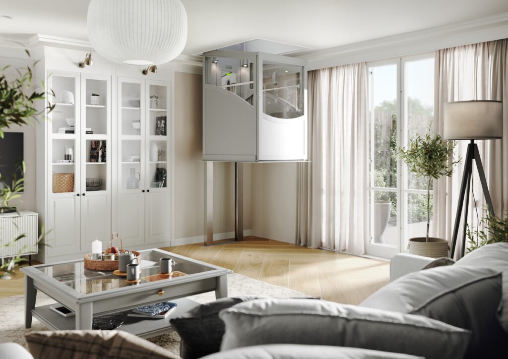 White and glass Pollock Eco Lift indoor vertical platform lift installed in a modern, brightly lit residential living room.