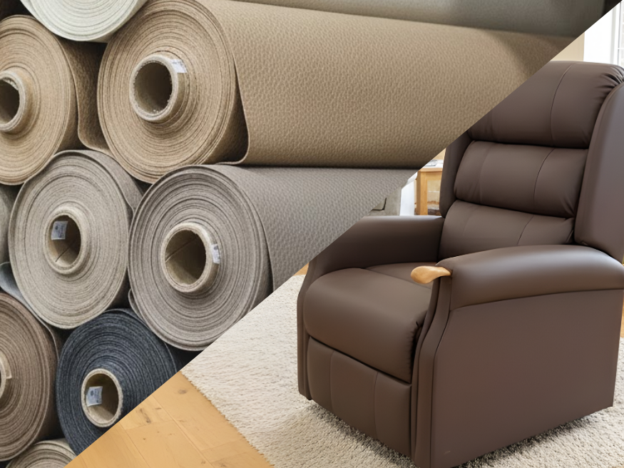 Brown simulation leather riser recliner chair shown next to rolls of upholstery fabric, demonstrating the material option for custom chairs.