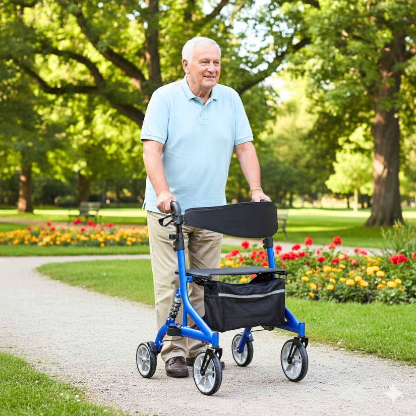 Smiling senior man pushing a blue Stratus Rollator with a seat and storage bag, walking confidently on a paved path in a sunny park.