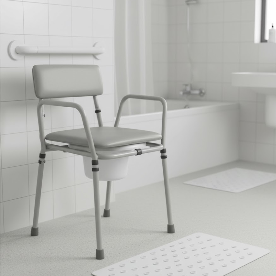 Grey height-adjustable commode chair with armrests and backrest, positioned in a white tiled bathroom near a tub and grab bar, representing a bathroom aid.