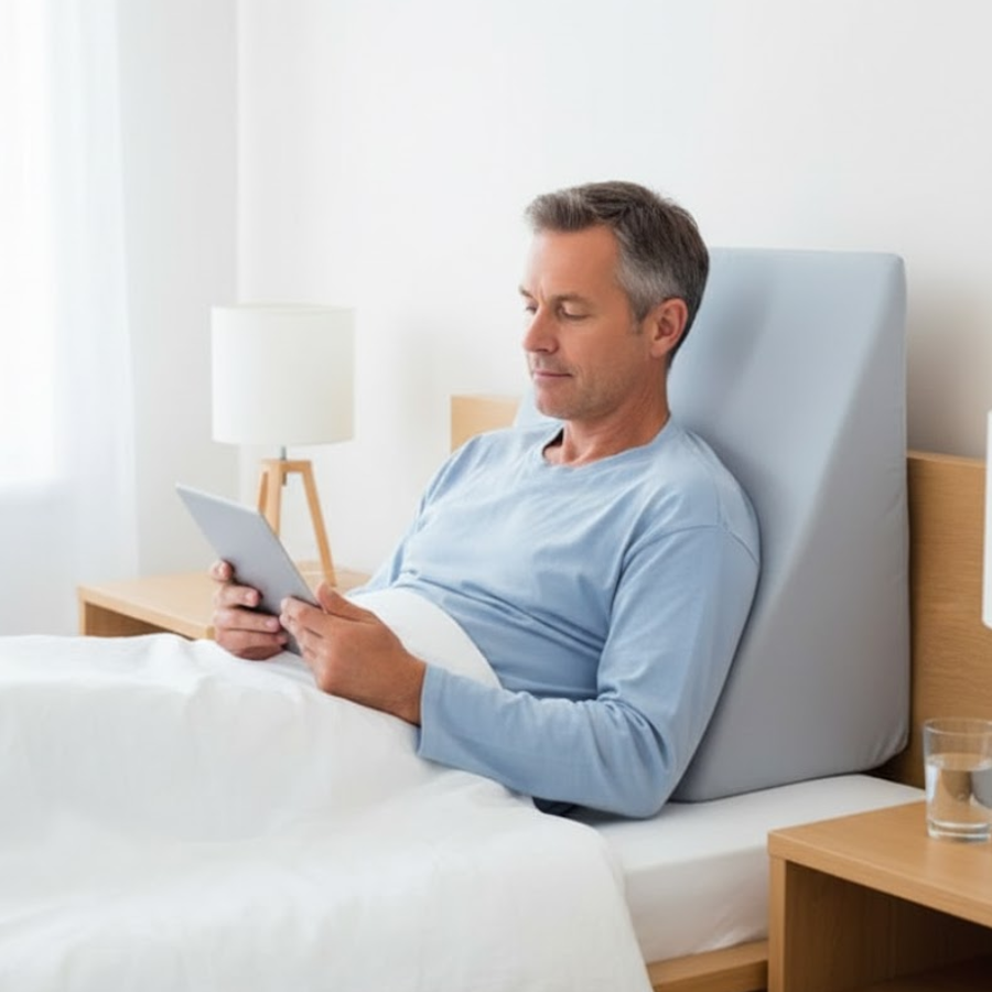 Middle-aged man sitting up in bed reading a tablet, supported by a large gray foam bed wedge cushion for comfort and positioning.