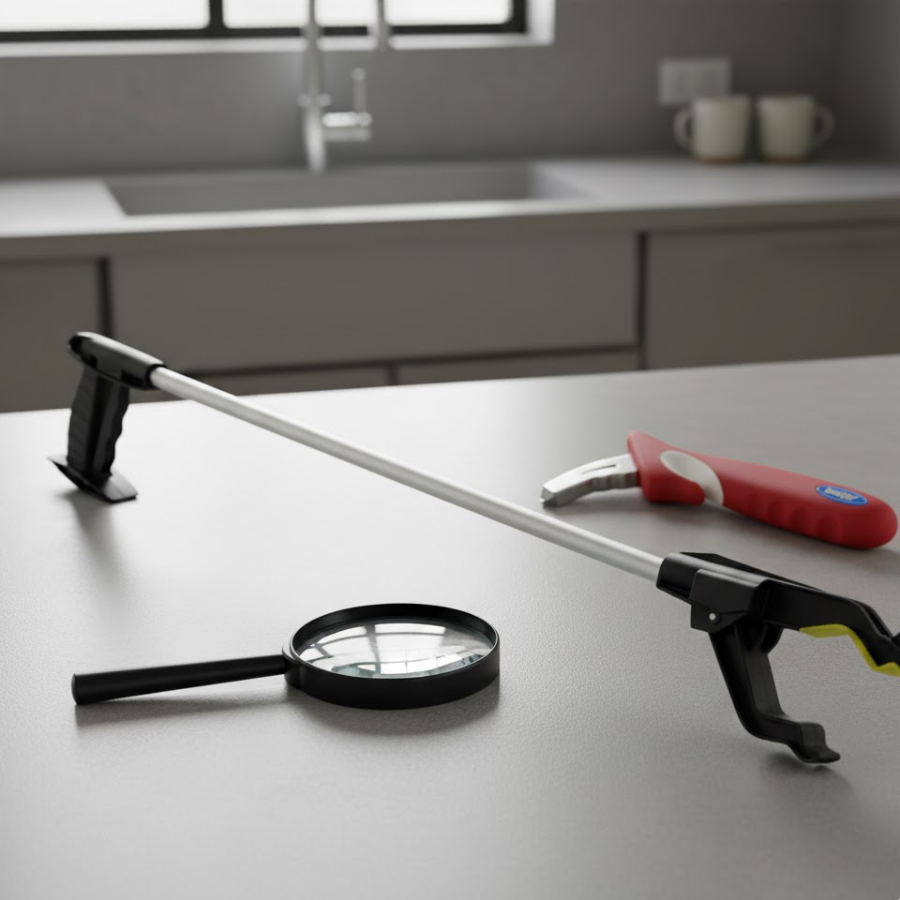 A long-handled reaching aid, a magnifying glass, and an adaptive jar opener displayed on a kitchen counter, representing various daily living aids.
