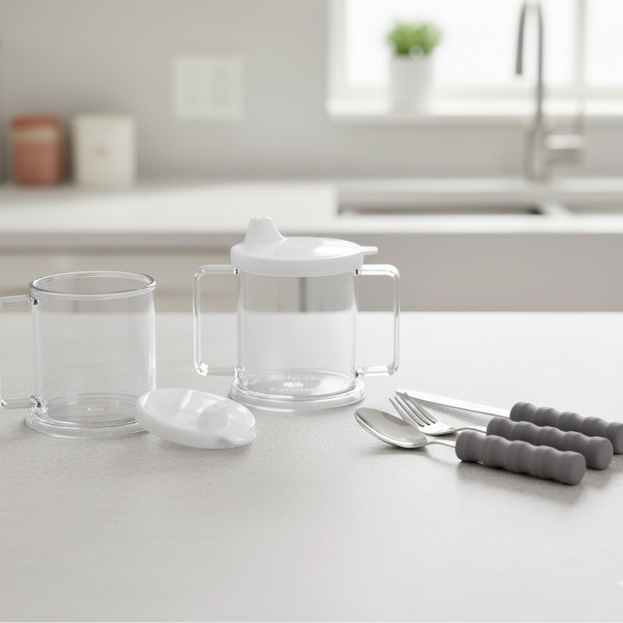 Clear plastic feeding mugs with two handles and easy-grip adaptive cutlery displayed on a kitchen counter, representing kitchen aids for daily living.