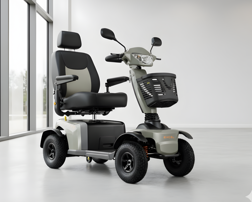 The robust, grey and black Excel Galaxy mobility scooter with large tires and a front basket, pictured in a bright, modern indoor setting.