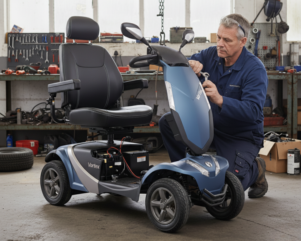 A technician, a Bush engineer, kneeling to repair the front panel of a blue and grey Vortex mobility scooter in a workshop environment.