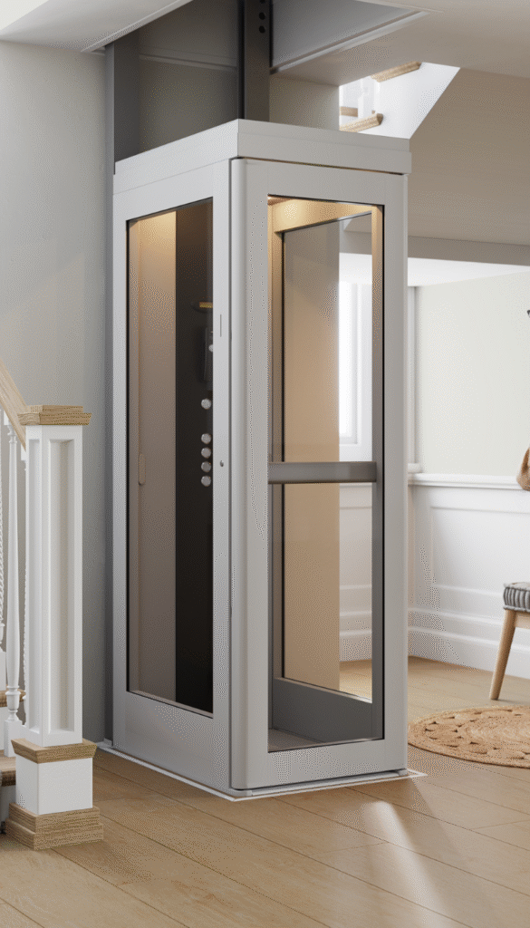 White and glass Pollock indoor vertical lift installed next to a modern staircase in a bright, contemporary home with wood flooring.