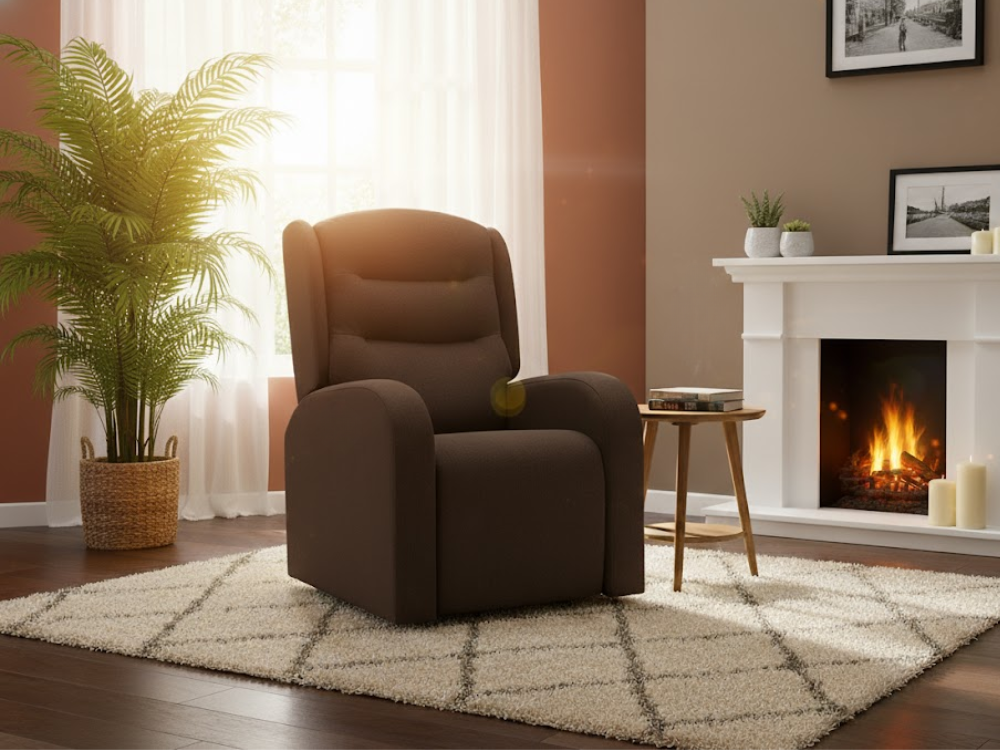 The Chepstow Riser Recliner from the Castle Range, upholstered in mocha (dark brown) fabric, situated in a cozy living room next to a fireplace.