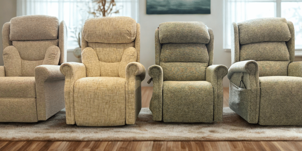 Four different riser recliner chairs from the Castle Range displayed side-by-side in an indoor showroom setting.