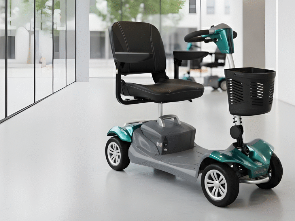 The compact, teal and grey Vista Liteway Scooter with a black seat and front basket, pictured in a modern indoor setting.