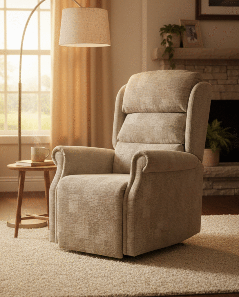 he Grosmont Riser Recliner from the Castle Range, upholstered in light beige textured fabric, situated in a cozy living room next to a window and fireplace.