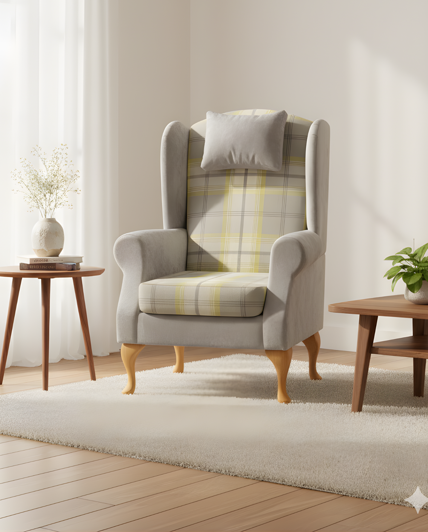Skenfrith fireside chair in a checked fabric in a living room