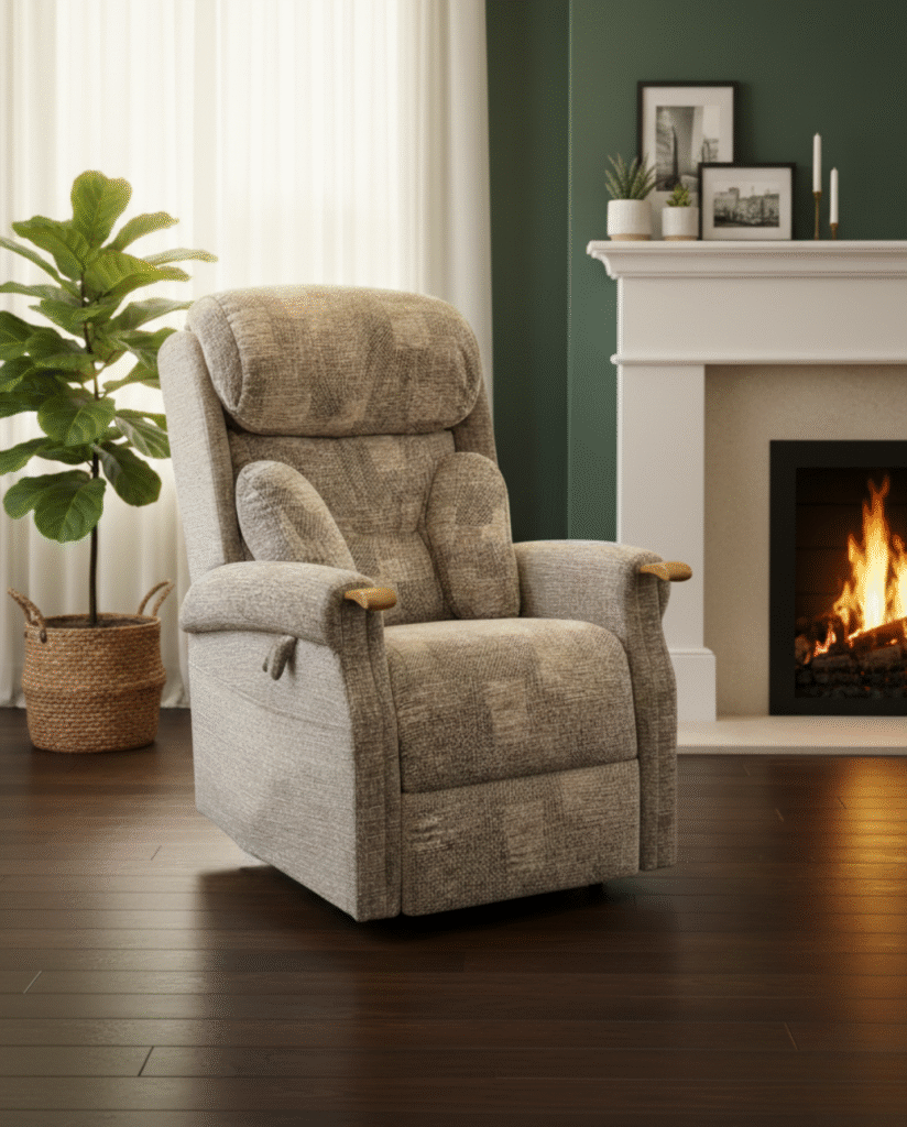 The Raglan Riser Recliner from the Castle Range, upholstered in light gray textured fabric with wooden armrest accents, situated in a stylish living room next to a fireplace.