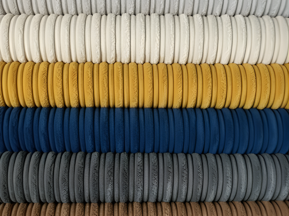 Close-up of soft corduroy fabric swatches in white, yellow, blue, and gray, used for comfortable upholstery options for riser recliner chairs.