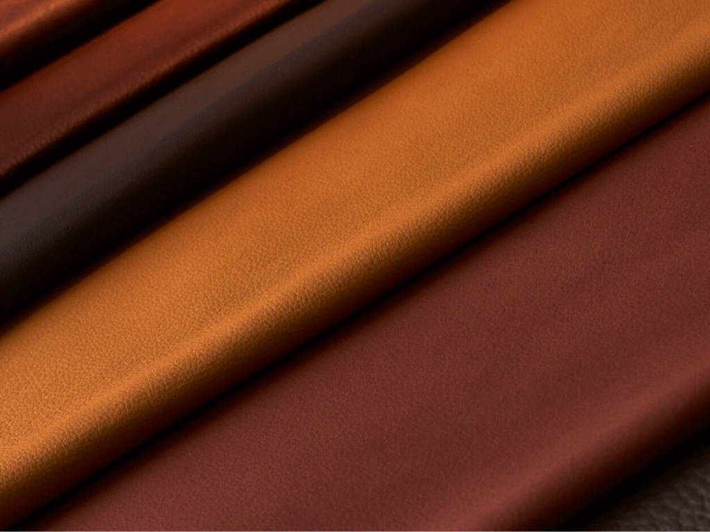 Close-up of premium real leather fabric swatches in brown and tan colours, representing luxury upholstery options for riser recliner chairs.
