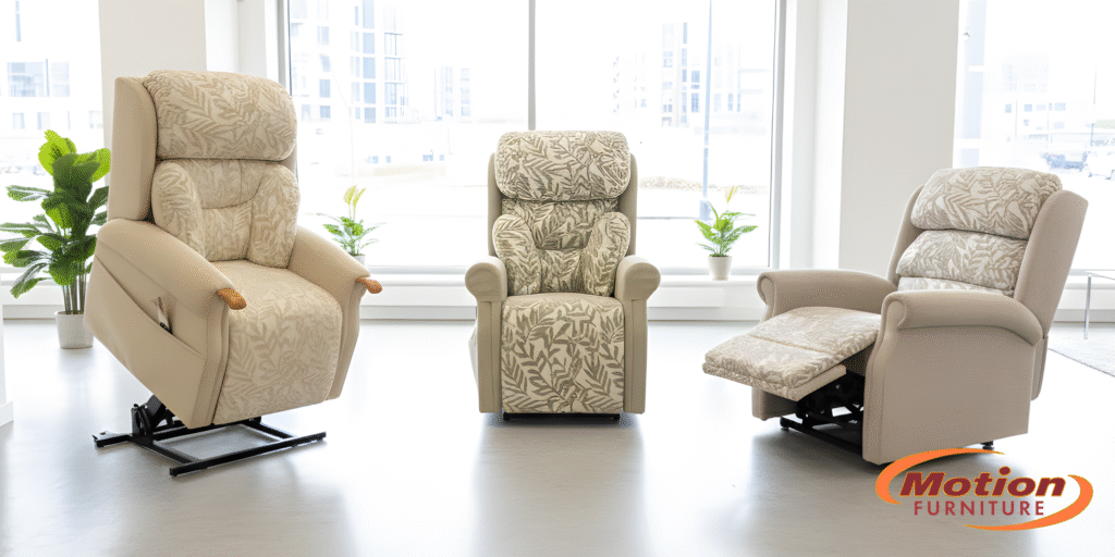 Three riser recliner chairs from the Castle Range in a Bush Healthcare showroom, demonstrating lift, sitting, and recline functions.
