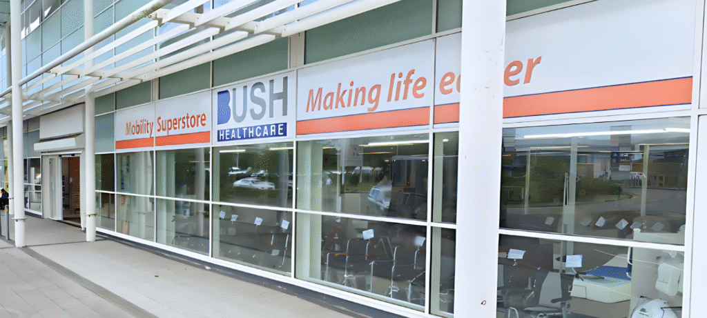 Exterior photo of the Bush Healthcare Mobility Superstore storefront in Newport, South Wales, featuring the "Making life easier" sign.