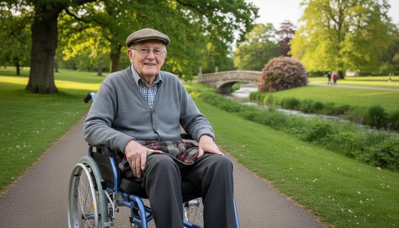 Older man sitting in a manual wheelchair on a riverside path
