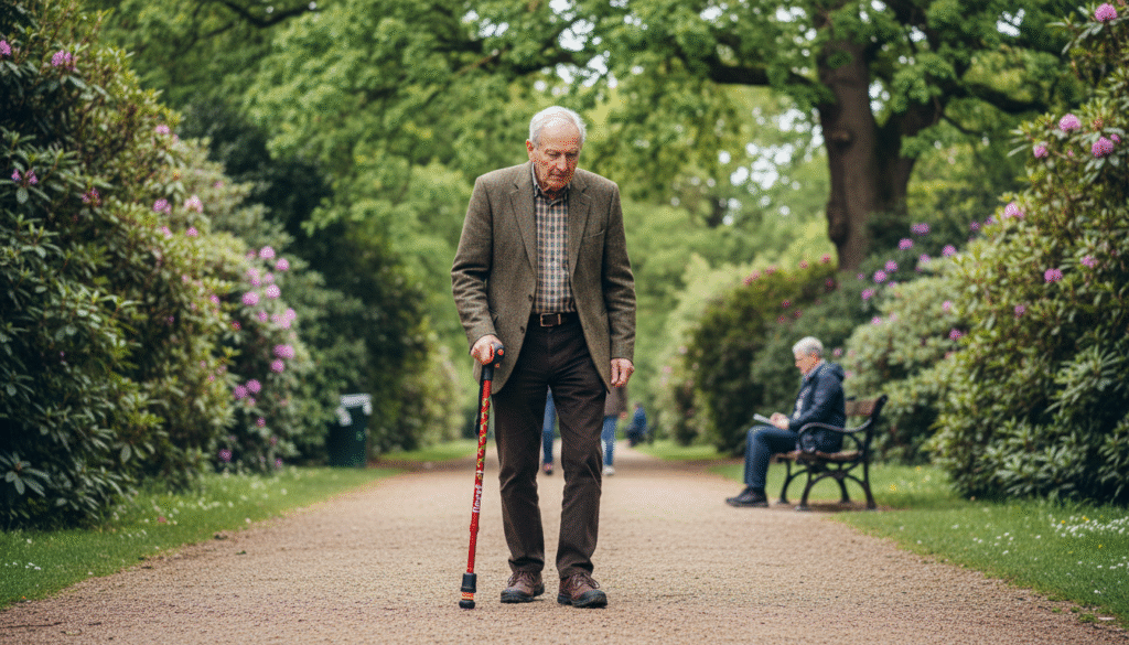 elderly man with walking stick in a green park