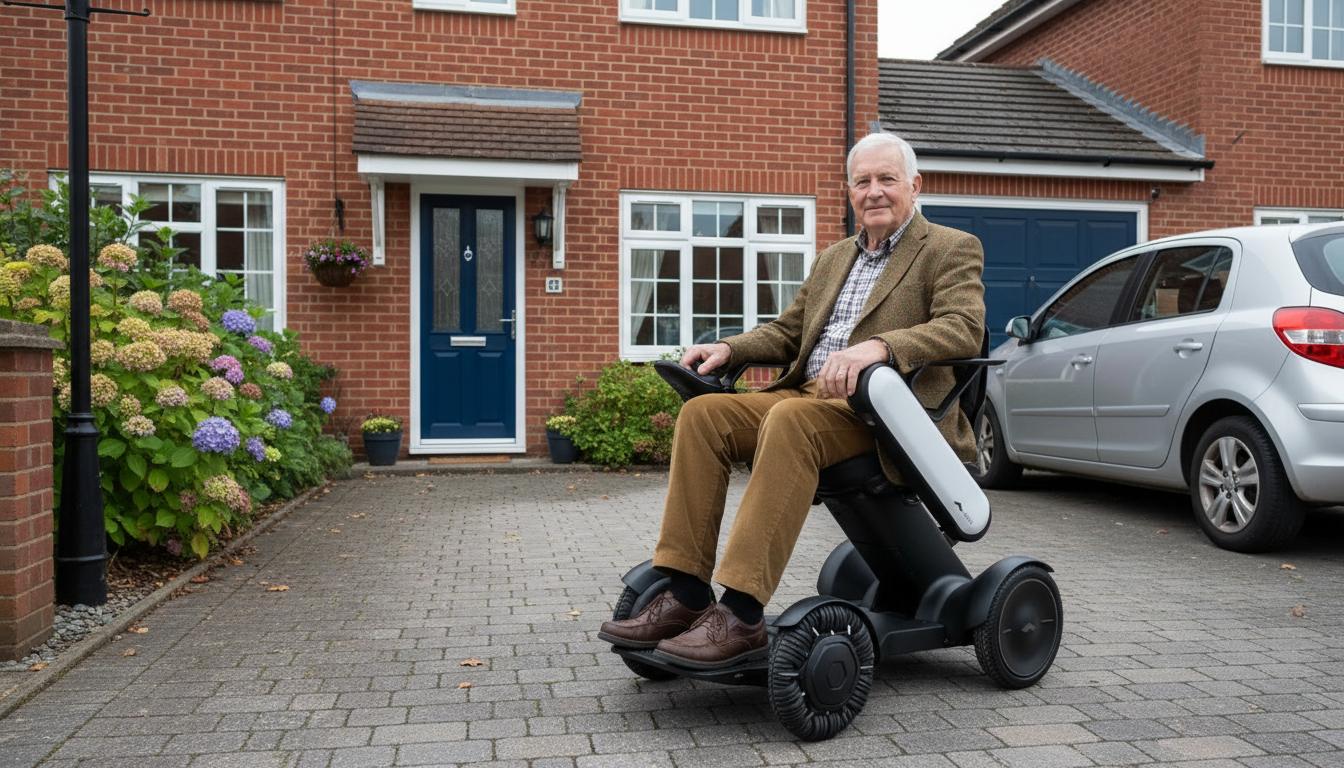 Older man on a powerchair on the driveway of his home