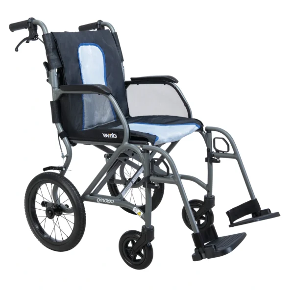 AeroMg transit wheelchair in silver with blue seat