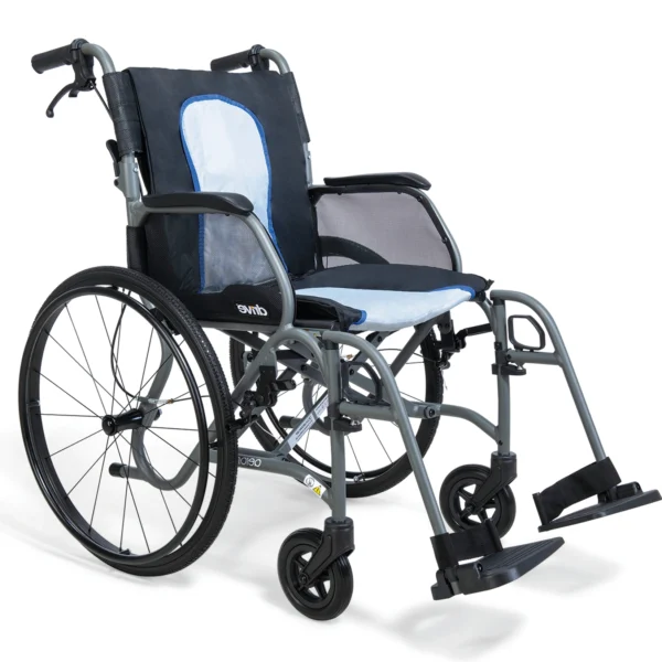 AeroMg self-propelled wheelchair in silver with blue seat